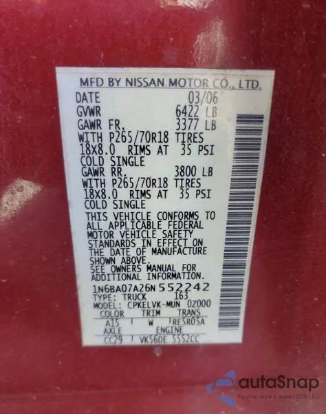 2006 Nissan Titan Xe z USA, uszkodzony, nr VIN 1N6BA07A26N552242